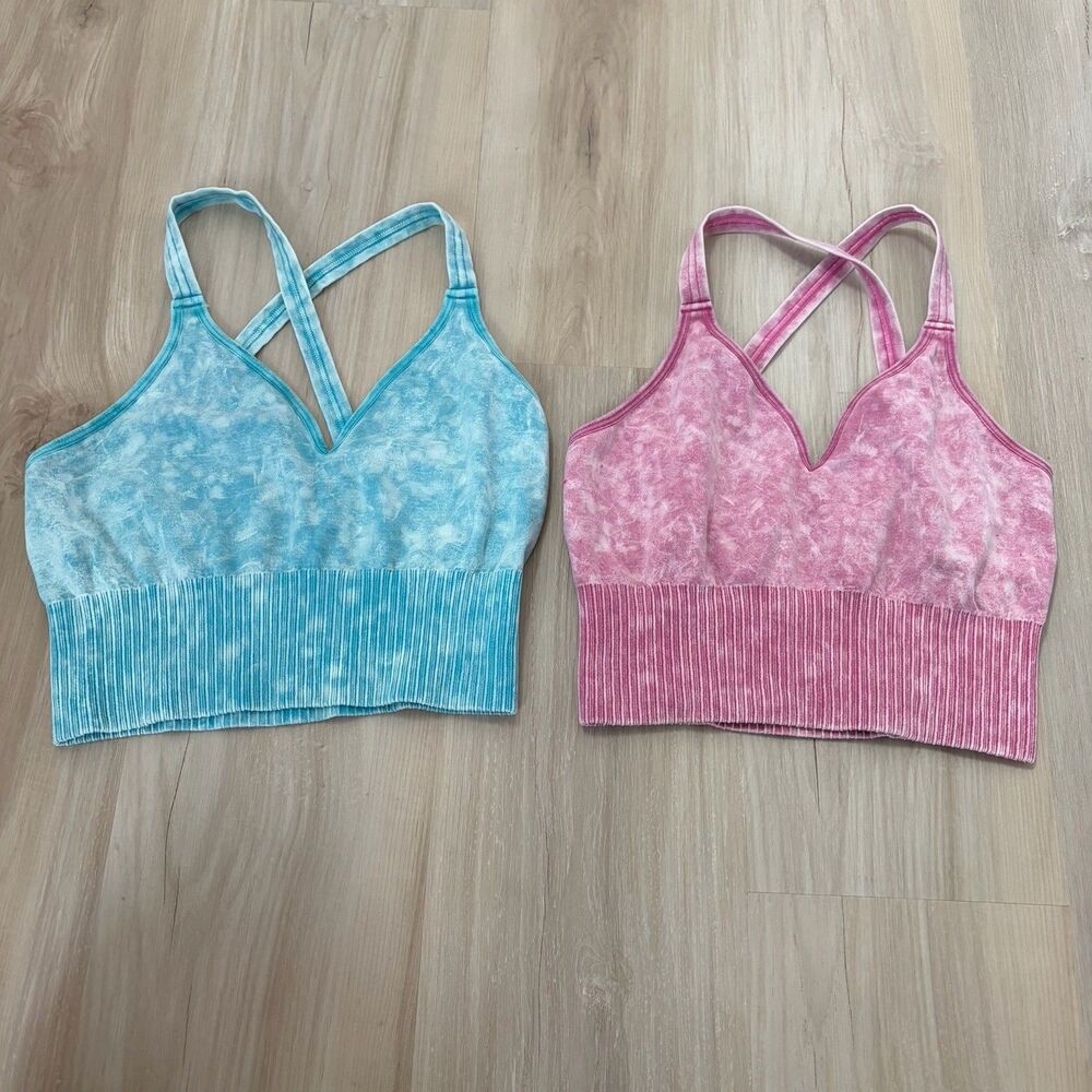 Zenana V Neck Ribbed Racerback Cropped L/XL Pink Blue Set Of 2 Mineral Washed